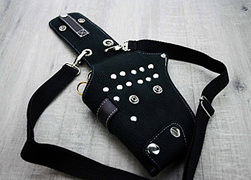 Negro Funda de piel de peluquería tijeras de peluquería funda/soporte funda con cintura cinturón de hombro remache bolsa de clips. Perfecto para todos.