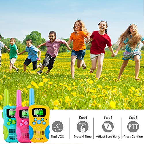 Nestling Walkie Talkie para niños,8 Canales LCD Pantalla Linterna Incorporado,Radio de 2 vías Juguetes,Rango de 3 Millas para Actividades Infantiles(3 Pack,Vistoso)