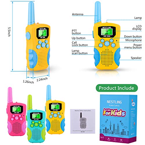 Nestling Walkie Talkie para niños,8 Canales LCD Pantalla Linterna Incorporado,Radio de 2 vías Juguetes,Rango de 3 Millas para Actividades Infantiles(3 Pack,Vistoso)