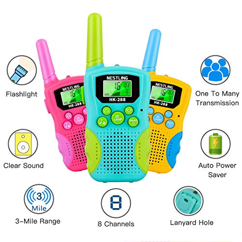 Nestling Walkie Talkie para niños,8 Canales LCD Pantalla Linterna Incorporado,Radio de 2 vías Juguetes,Rango de 3 Millas para Actividades Infantiles(3 Pack,Vistoso)