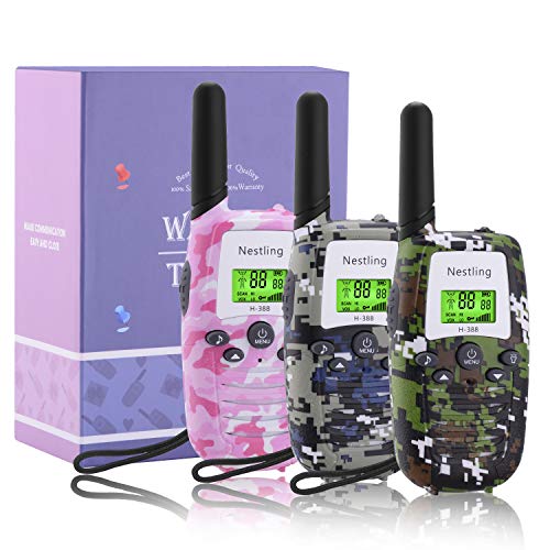 Nestling Walkie Talkies para niños de 3 Piezas, Radio bidireccional de Largo Alcance, Juguetes con Pantalla LCD retroiluminada y Linterna para niños, Aventuras al Aire Libre, Camping, Senderismo