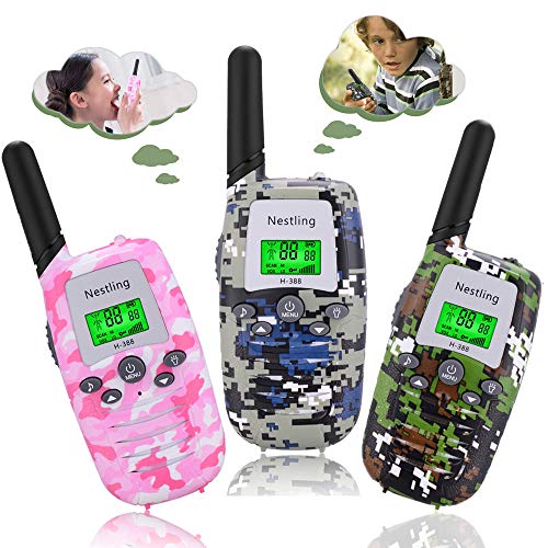 Nestling Walkie Talkies para niños de 3 Piezas, Radio bidireccional de Largo Alcance, Juguetes con Pantalla LCD retroiluminada y Linterna para niños, Aventuras al Aire Libre, Camping, Senderismo