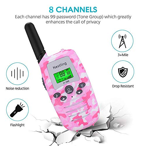 Nestling Walkie Talkies para niños de 3 Piezas, Radio bidireccional de Largo Alcance, Juguetes con Pantalla LCD retroiluminada y Linterna para niños, Aventuras al Aire Libre, Camping, Senderismo