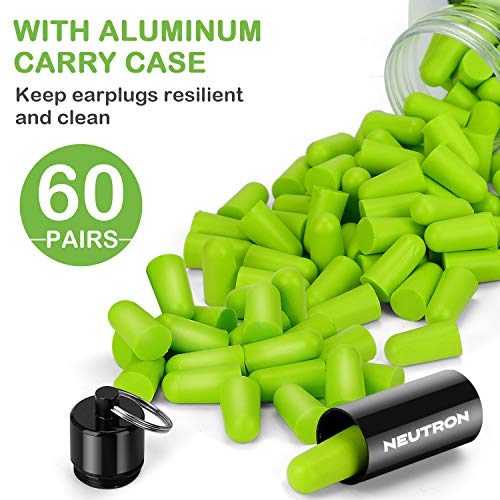 Neutron Supreme - Tapones para los oídos de espuma suave con máscara de ojos y funda de viaje, 38 dB SNR, ideal para dormir, viajes, conciertos, estudiar, trabajo, ruido fuerte, ronquidos – 60 pares