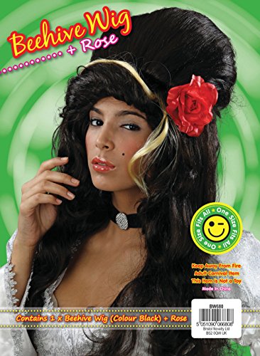 NEW BLACK AMY WINEHOUSE WIG BEEHIVE WITH RED ROSE (peluca)