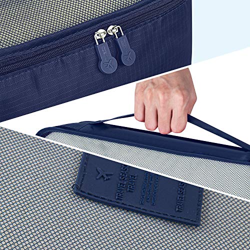 Newdora 7 en 1 Set de Organizador de Equipaje Viaje con Bolsa de Zapato,Impermeable Organizador de Maleta Bolsa para Ropa Sucia de Viaje, Portatrajes de Viaje, Material Nylon, Azul Oscuro