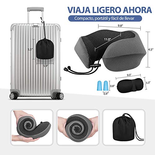 Newdora Almohada de Viaje de Espuma Viscoelástica, Almohada de Cuello Viscoelástica con Máscara para Ojos y Gorra, Almohadas para Acampar de Soporte Cervical Ortopédico(Gris)