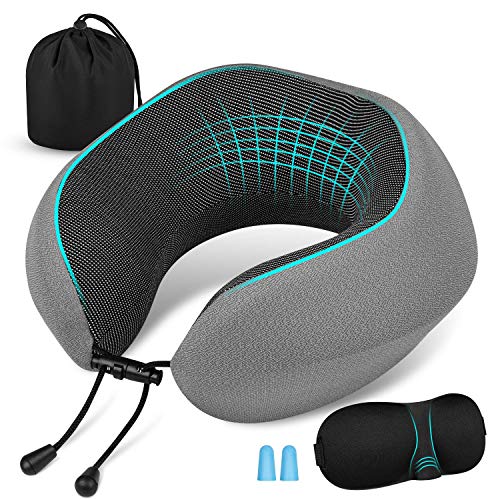 Newdora Almohada de Viaje de Espuma Viscoelástica, Almohada de Cuello Viscoelástica con Máscara para Ojos y Gorra, Almohadas para Acampar de Soporte Cervical Ortopédico(Gris)