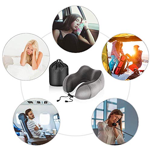 Newdora Almohada de Viaje Viscoelástica de Espuma de Memoria, Almohada de Cuello, Almohadas de Acampada, Almohada Ortopédica Cervica, Soporte de Cuello, con Máscara de Ojos y Tapones, Gris Oscuro