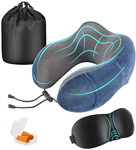 Newdora Almohada de Viaje Viscoelástica de Espuma de Memoria, Almohada de Cuello, Almohadas de Acampada, Almohada Ortopédica Cervica, Soporte de Cuello, con Máscara de Ojos y Tapones, Azul