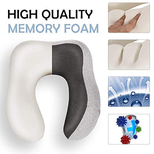 Newdora Almohada de Viaje Viscoelástica de Espuma de Memoria, Almohada de Cuello, Almohadas de Acampada, Almohada Ortopédica Cervica, Soporte de Cuello, con Máscara de Ojos y Tapones, Gris Oscuro