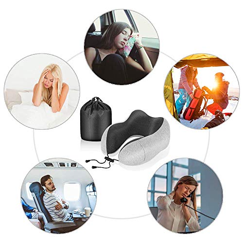 Newdora Almohada de Viaje Viscoelástica de Espuma de Memoria, Almohada de Cuello, Almohadas de Acampada, Almohada Ortopédica Cervica, Soporte de Cuello, con Máscara de Ojos y Tapones, Gris Oscuro