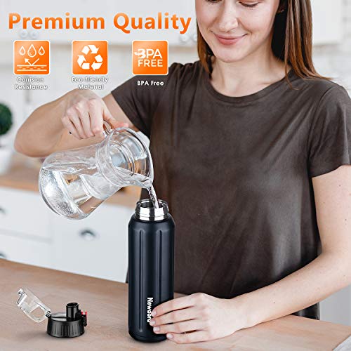 Newdora Botella Agua Deportiva, Botella Termica con Doble Asilamiento al Vacío,sin BPA, 316 Acero Inoxidable, Mantiene Bebidas Frías o Calientes para Correr, Gimnasio, Ciclismo,600ML, Negro Azulado