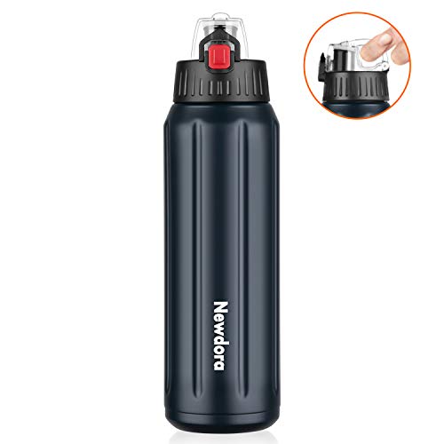 Newdora Botella Agua Deportiva, Botella Termica con Doble Asilamiento al Vacío,sin BPA, 316 Acero Inoxidable, Mantiene Bebidas Frías o Calientes para Correr, Gimnasio, Ciclismo,600ML, Negro Azulado
