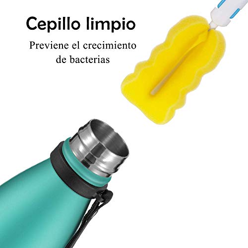 Newdora Botella de Agua Acero Inoxidable 500ml, Aislamiento de Vacío de Doble Pared, Botellas de Frío/Caliente, con 1 un Cepillo de Limpieza, para Niños, Deporte, Oficina, Gimnasio, Ciclismo, Verde