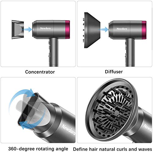 Newdora Secador de Pelo, 1800W Secador de Pelo Profesional Secador Iónico 3 Velocidades Ajustables con 1 Boquillas y 1 Difusor para Hogar, Peluqueria, Dormitorio, Hotel