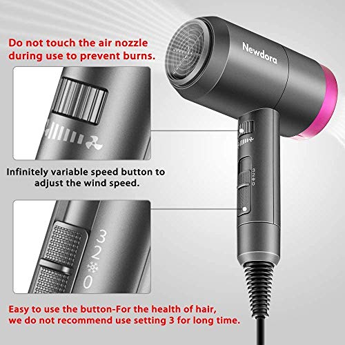 Newdora Secador de Pelo, 1800W Secador de Pelo Profesional Secador Iónico 3 Velocidades Ajustables con 1 Boquillas y 1 Difusor para Hogar, Peluqueria, Dormitorio, Hotel