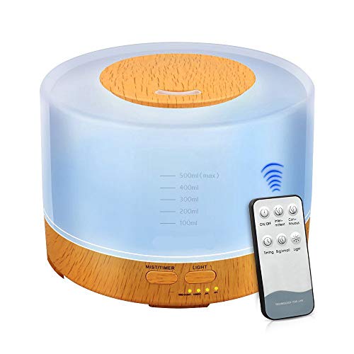 NEWKBO 500 ml Humidificador Ultrasónico Difusor Aromatherapie Humidificador Grano De Madera Difusor De Aceites Esenciales Transmisión Purificador De Aire Madera Con 7 ColoresLuces LED Para