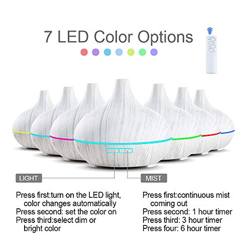 NEWKBO Humectador Ultrasónico, Difusor De Aaceites Esenciales De Aromaterapia De 550 ml, LED De Vapor Frío de 7 Colores, 4 Configuraciones De Tiempo,Oficina,Niños,Dormitorio (Grano De Madera Blanco)
