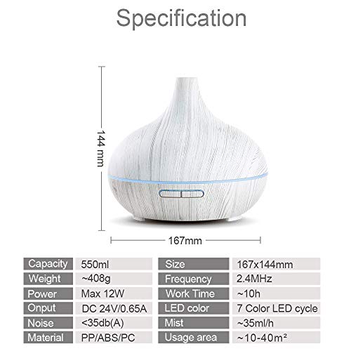 NEWKBO Humectador Ultrasónico, Difusor De Aaceites Esenciales De Aromaterapia De 550 ml, LED De Vapor Frío de 7 Colores, 4 Configuraciones De Tiempo,Oficina,Niños,Dormitorio (Grano De Madera Blanco)