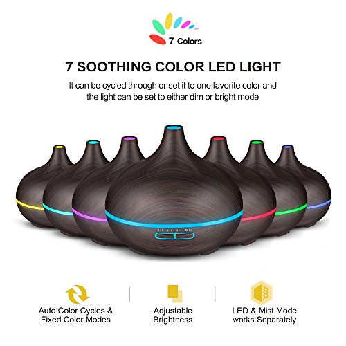 NEWKBO Humidificador Ultrasónico de 500 ml para Aromaterapia, Difusor de Aceites Esenciales, Vapor frío LED de 7 Colores, 4 Ajustes de Tiempo, Oficina, Niños, Dormitorio, Color Marrón