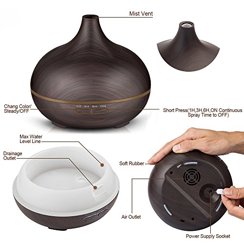 NEWKBO Humidificador Ultrasónico de 500 ml para Aromaterapia, Difusor de Aceites Esenciales, Vapor frío LED de 7 Colores, 4 Ajustes de Tiempo, Oficina, Niños, Dormitorio, Color Marrón