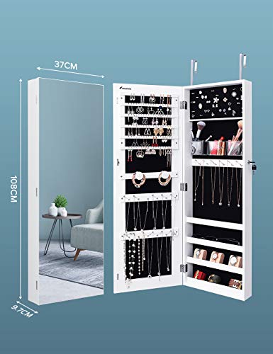Nicetree Espejo joyero Armario Montado Pared o Colgado en Puerta, Armario joyero con Espejo sin Espejo de Cuerpo Entero, Organizador de joyerías. Blanco Grano de Madera. NT-HF004