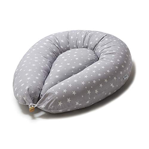 Niimo Almohada Embarazo y Cojin Lactancia Bebe + Soft Cojìn Dormir y Abrazar Funda Cojines 100% Algodon Desenfundable y Lavable (Gris-Estrella Blanca)