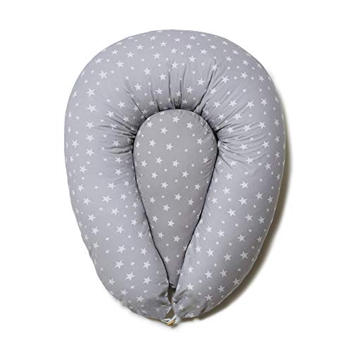 Niimo Almohada Embarazo y Cojin Lactancia Bebe + Soft Cojìn Dormir y Abrazar Funda Cojines 100% Algodon Desenfundable y Lavable (Gris-Estrella Blanca)