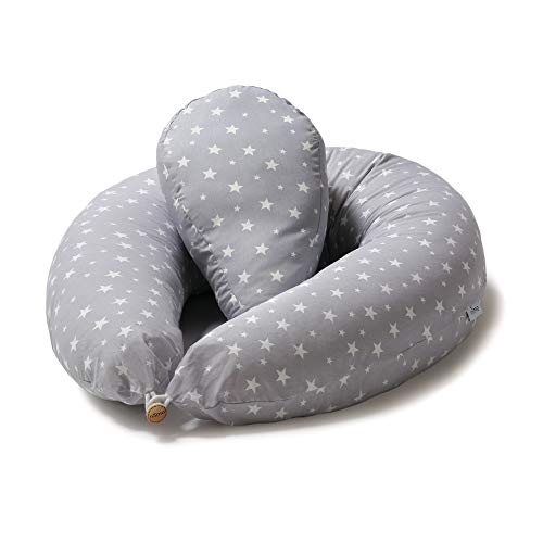 Niimo Almohada Embarazo y Cojin Lactancia Bebe + Soft Cojìn Dormir y Abrazar Funda Cojines 100% Algodon Desenfundable y Lavable (Gris-Estrella Blanca)