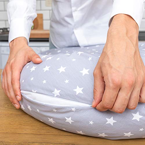 Niimo Almohada Embarazo y Cojin Lactancia Bebe + Soft Cojìn Dormir y Abrazar Funda Cojines 100% Algodon Desenfundable y Lavable (Gris-Estrella Blanca)