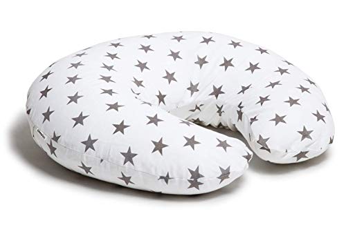 Niimo Cojin Lactancia Bebè Funda Cojin 100% Algodòn Extraíble y Lavable Almohada Multifuncional para Madre y Bebé Relleno de Fibra de Poliéster (Blanco - Estrella Gris)