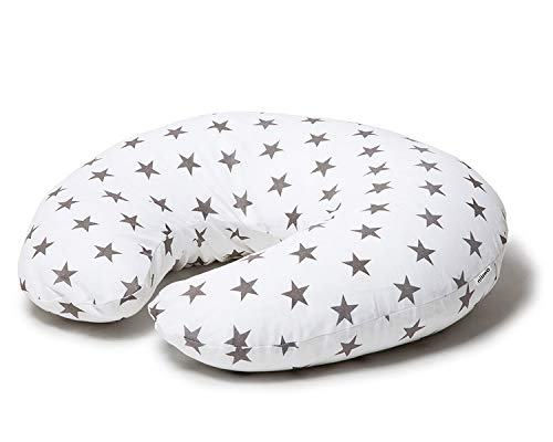 Niimo Cojin Lactancia Bebè Funda Cojin 100% Algodòn Extraíble y Lavable Almohada Multifuncional para Madre y Bebé Relleno de Fibra de Poliéster (Blanco - Estrella Gris)