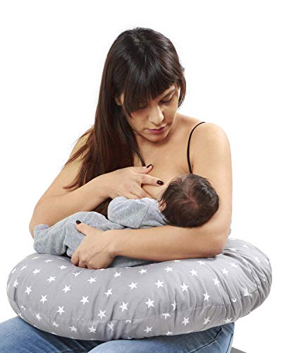 Niimo Cojin Lactancia Bebè Funda Cojin 100% Algodòn Extraíble y Lavable Almohada Multifuncional para Madre y Bebé Relleno de Fibra de Poliéster (Blanco - Estrella Gris)