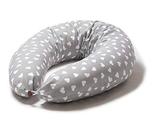 Niimo Cojin Lactancia Bebe y Almohada Embarazada Dormir XXL Multifuncion Funda Cojin 100% Algodon Desenfundable y Lavable Relleno de Poliester Multiusos Maternidad (Gris - Corazon Blanco)