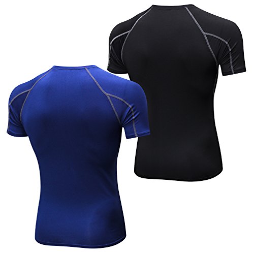 Niksa 2 Piezas Camisetas de Fitness Compresión Ropa Deportiva Manga Corta Hombre para Correr, Ejercicio,Gimnasio Negro Gris+ Azul Marino1053(XL)