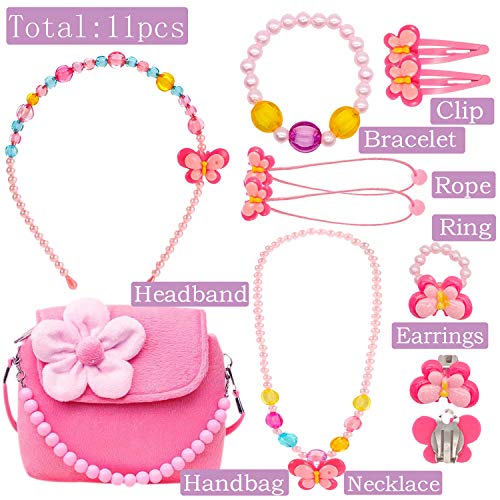 Niñas Bolso Joyas para niños Bolso Bandolera Niña de Peluche Lindos para niñas con Collar Pulsera Anillo y aretes Conjunto de Joyas Mi Primer Bolso para Vestir a niñas pequeñas y Juegos de rol