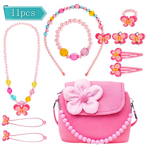 Niñas Bolso Joyas para niños Bolso Bandolera Niña de Peluche Lindos para niñas con Collar Pulsera Anillo y aretes Conjunto de Joyas Mi Primer Bolso para Vestir a niñas pequeñas y Juegos de rol