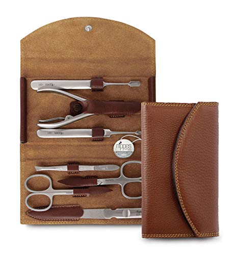Nippes Solingen Classic - Set de manicura (7 piezas, acero inoxidable y sin níquel, estuche de piel de vaca con botón de presión, Nippes Premium Line), color marrón