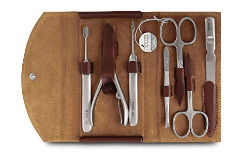 Nippes Solingen Classic - Set de manicura (7 piezas, acero inoxidable y sin níquel, estuche de piel de vaca con botón de presión, Nippes Premium Line), color marrón