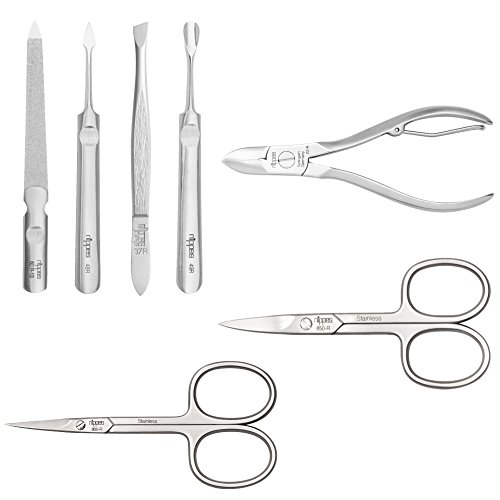 Nippes Solingen Classic - Set de manicura (7 piezas, acero inoxidable y sin níquel, estuche de piel de vaca con botón de presión, Nippes Premium Line), color marrón