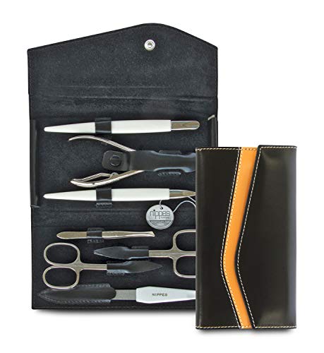 Nippes Solingen - Set de manicura, 3 piezas, estuche de piel de vacuno auténtica, con botón a presión, Nippes Premium Line, color negro y marrón