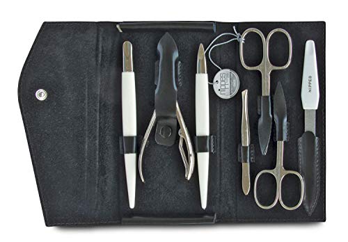 Nippes Solingen - Set de manicura, 3 piezas, estuche de piel de vacuno auténtica, con botón a presión, Nippes Premium Line, color negro y marrón