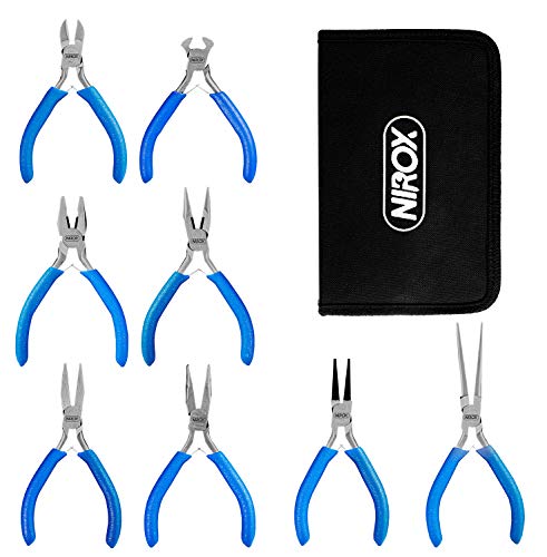 Nirox Juego de alicates para electrónica - Alicates de precisión con mangos antideslizantes - Alicates para trabajos de electrónica con bolsa de almacenamiento - Todos los tipos comunes de alicates