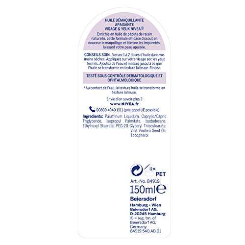 Nivea - Aceite desmaquillante relajante para cara y ojos (1 x 150 ml), desmaquillante enriquecido con aceite de semillas de uva natural, cuidado facial para mujeres y pieles sensibles
