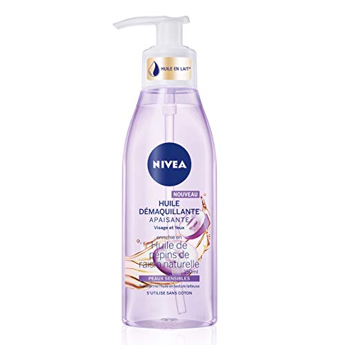 Nivea - Aceite desmaquillante relajante para cara y ojos (1 x 150 ml), desmaquillante enriquecido con aceite de semillas de uva natural, cuidado facial para mujeres y pieles sensibles