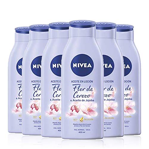 NIVEA Aceite en Loción Flor de Cerezo & Aceite de Jojoba en pack de 6 (6 x 400 ml), loción corporal de rápida absorción, loción para el cuidado de la piel seca y normal
