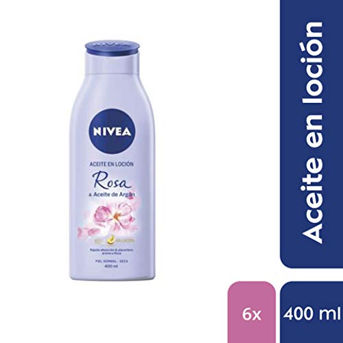 NIVEA Aceite en Loción Rosa & Aceite de Argán en pack de 6 (6 x 400 ml), loción hidratante corporal de rápida absorción, loción para el cuidado de la piel normal y seca