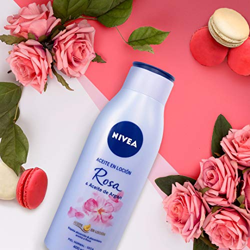 NIVEA Aceite en Loción Rosa & Aceite de Argán en pack de 6 (6 x 400 ml), loción hidratante corporal de rápida absorción, loción para el cuidado de la piel normal y seca