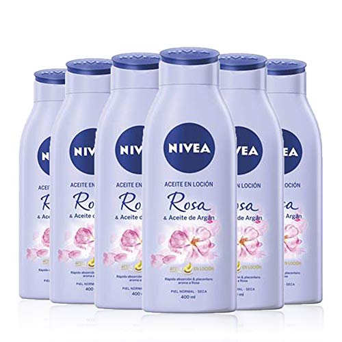 NIVEA Aceite en Loción Rosa & Aceite de Argán en pack de 6 (6 x 400 ml), loción hidratante corporal de rápida absorción, loción para el cuidado de la piel normal y seca